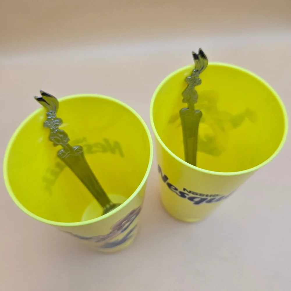 Vintage Nestle Nesquik Yellow Plastic Cups & Bunny Mixing Spoons Set of 2